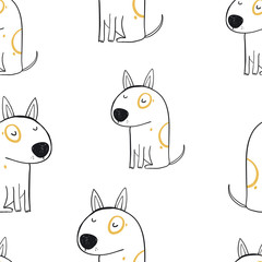 Vector hand-drawn color seamless repeating childish simple pattern with cute dogs in Scandinavian style on a white background. Children's pattern with dogs. Dogs print. Cute baby animals.

