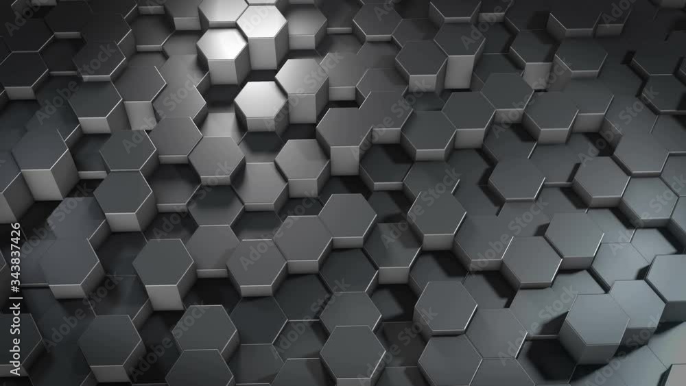 Poster an abstract hexagonal geometric metallic surface cyclically moves in virtual space. chaotic vibratio