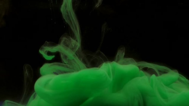 Colorful green ink mixing in water, swirling softly underwater. Black background with copy space. Colored acrylic cloud of paint isolated. Abstract smoke explosion animation. Slowmotion