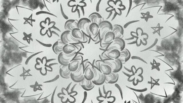 digital painting with chalk texture and rough paper pattern. time lapse of smoke bomb sketching art in cartoon style in radial symmetry.black and white tone color