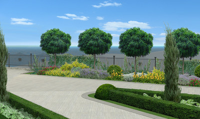 Planting of greenery with plants of varying textures and green fence designs, 3D rendering