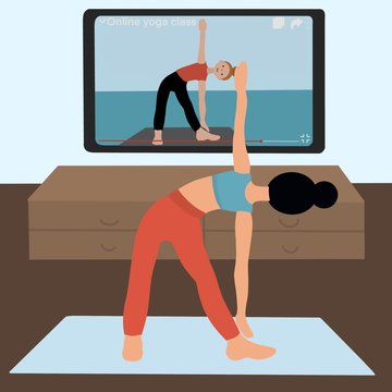 online yoga class illustration. Beautiful girl doing yoga and looking at screen. online workout, stay home. distance training during coronavirus outbreak. Young beautiful trainer teaching online. 