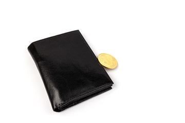 Gold bitcoin in  black leather wallet. Business, money, cryptocurrency concept.