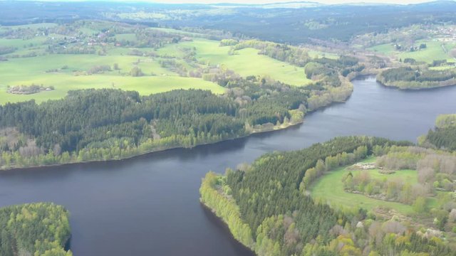 The Lucina Reservoir on Mze River is  hydroelectric dam in Western Bohemia. Aerial view to important source of sustainable energy and drinking water in Czech Republic.