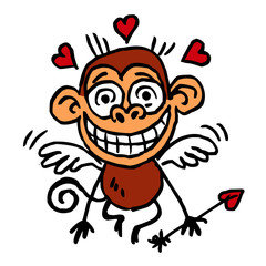 Monkey in love with hearts over his head, wings and cupid's arrow in his hand, valentine's day motif, color cartoon joke