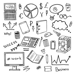 Doodle set of office items, business elements. Vector images for web, print, background, icons.