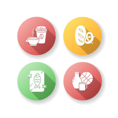 Foods and goods flat design long shadow glyph icons set