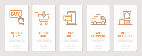 Shopping related vertical cards. Mobile app onboarding screens. Templates for a website. Icons with editable stroke