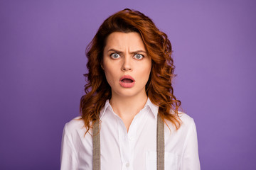 Closeup photo of pretty wavy ginger lady open mouth listen bad news epic fail loser casino player lost all chips money wear white shirt suspenders isolated purple color background