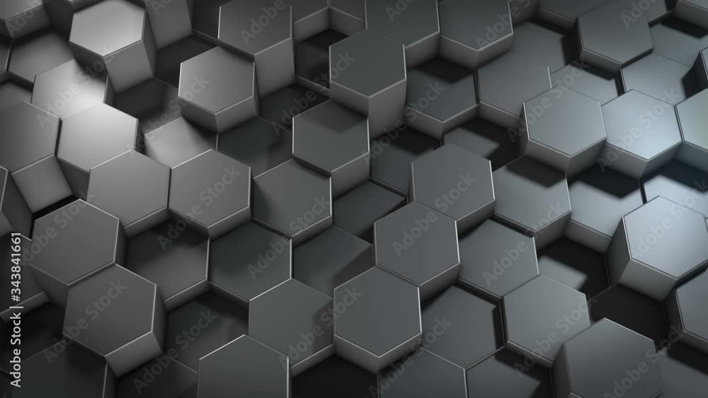 Poster an abstract hexagonal geometric metallic surface cyclically moves in virtual space. chaotic vibratio