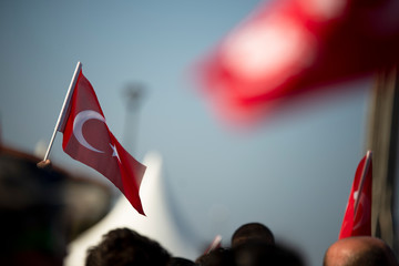 October 29 Republic day of Turkey. Crowded people in the square of Gundogdu and Turkish flags in...