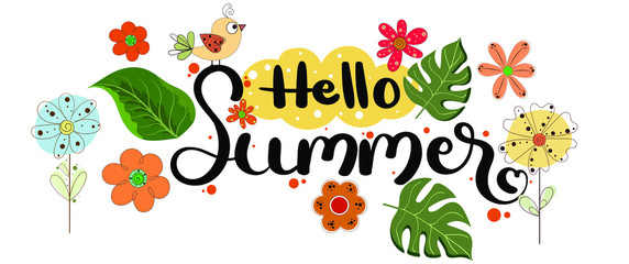 Hello summer. Hello SUMMER! decoration greeting card with flowers and leaves vector. Hello Summer illustration.