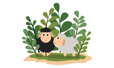 Fluffy lambs in the green grass. Pets on the farm. Vector children cartoon illustration