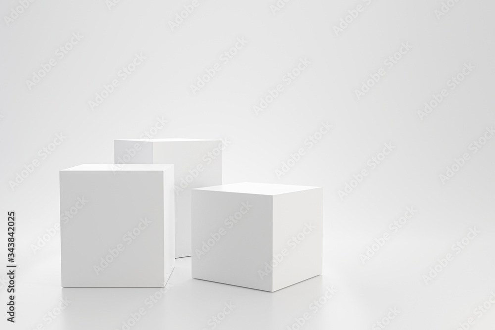 Aufkleber White studio template and cube pedestal on simple background with product shelf. Blank studio podium for advertising. 3D rendering.