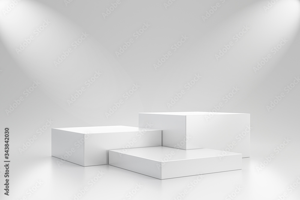 Poster White studio template and cube pedestal on simple background with spotlight product shelf. Blank studio podium for advertising. 3D rendering.