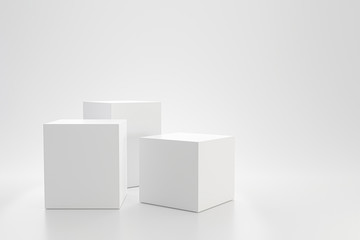 White studio template and cube pedestal on simple background with product shelf. Blank studio podium for advertising. 3D rendering. - obrazy, fototapety, plakaty