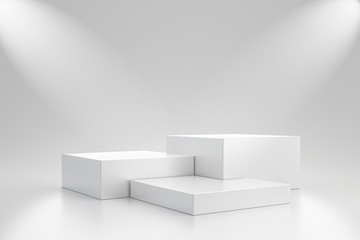 White studio template and cube pedestal on simple background with spotlight product shelf. Blank...