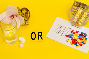 White weight loss pills on yellow background