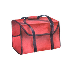 Red thermal bag for delivering hot food. Contactless courier delivery. Packing for tourist food. Watercolor illustration on a white background. Design element for advertising delivery service.