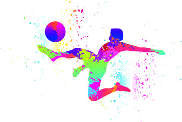 Football logo design. Soccer player kick the goal. Colorful sport background. Vector illustration.