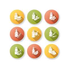 Hair oils flat design long shadow glyph icons set. Baobab cosmetic mask in glass jar package. Almond extract for haircare. Grapeseed serum treatment. Silhouette RGB color illustration.