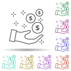 Donation hand money multi color icon. Simple thin line, outline vector of no gubernamental organization icons for ui and ux, website or mobile application