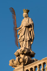 Santiago de Compostela Cathedral, Galicia, Spain. Statues of St. Susanna. Obradeiro square in Santiago de Compostela The ending point of ancient pilgrim routes, Way of St. James.