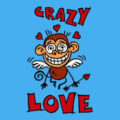 Monkey in love with hearts over his head, wings and cupid's arrow in his hand, crazy love, valentine's day motif, color cartoon joke on blue background