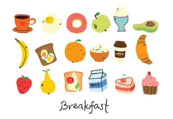 Breakfast hand drawn doodle icons. Food and drink.