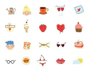Vector doodle cute love valentine icons in simple design for kid's greeting card design, t-shirt print, inspiration poster.