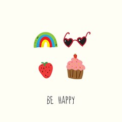 Be Happy. Hand drawn doodle pre made logo in cartoon style and flat design.