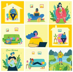 Set of illustrations of Stay and work at home and Save the planet in the flat design.