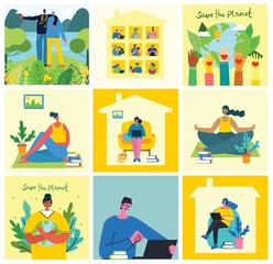 Naklejka premium Set of illustrations of Stay and work at home and Save the planet in the flat design.
