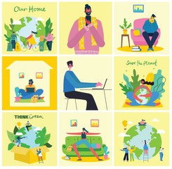 Set of illustrations of Stay and work at home and Save the planet in the flat design.