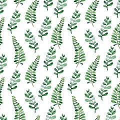 Botanical seamless pattern with bright juicy green twigs on a white background. Summer green print. Pattern for wallpaper, cards, textiles, web.