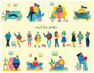 Fototapeta premium Vector concept illustrations of World Book Day, Reading the books and Book festival in the flat style.