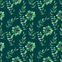 Bright herbal print on a dark background. Botanical seamless pattern with sprigs of leaves and flowers of succulent. Summer print for wallpaper, textiles, factories, wrapping paper.