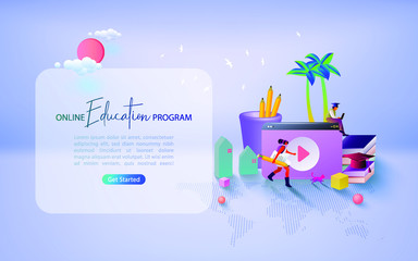 Concept of online education for banner and website. Online training courses. Landing page template.  Vector illustration.