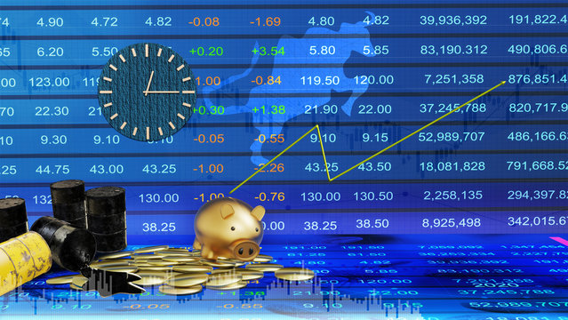 Investing in the growth Stock market with gold and Crude oil. Investing in growth stock ideas. gold piggy bank stand on gold coins and Crude oil with  blue Stock market background. 3d render.
