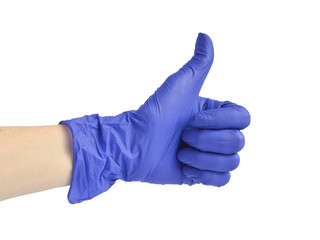 Hand in blue medical glove shows like gesture.