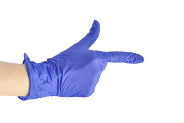 Hand in blue rubber glove shows forefinger