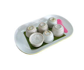 Khanom Thuai or Thai coconut milk custard it very delicious Thai dessert make from coconut milk and stream with boil water.