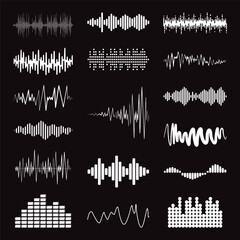 Big collection white music wave on black background. Vector set of isolated audio logos, pulse players, equalizer symbols sound design elements - obrazy, fototapety, plakaty
