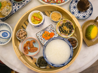 Chinese rice porridge breakfast set in restaurant, Thailand