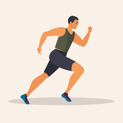 Naklejka na ściany i meble Man runs marathon, athlete performs a race, overcoming distance. Sport guy, cardio workout. Vector illustration