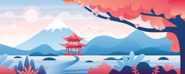 Chinese landscape vector illustration. Cartoon asian traditional temple, pavilion or house with oriental pagoda in rural China, flat mountain lake scenery and blooming tree. Travel to Asia background
