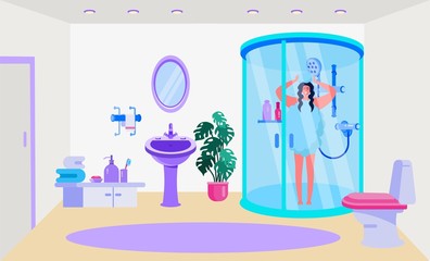Fototapeta na wymiar Bathroom interior, fixtures vector illustration. Home design, room with shower, toilet, sink and mirror. Fourniture for towel, sope and personal care products. Woman character in shower cabin.