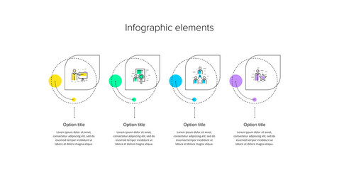 Business process chart infographics with 4 step circles. Circular corporate workflow graphic elements. Company flowchart presentation slide template. Vector info graphic design.