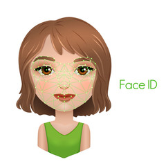 Facial recognition technology by the example of girl's face identification, vector illustration