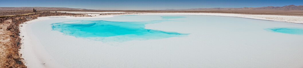 Panoramic view of the salars and suerfaces of the Hidden Lagoons of Baltinache. San Pedro de Atacama, Antofagasta - Chile. Desert. Andes Range & Route B241.